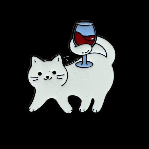 Fun Cat with Wine Bottle and Sunglasses Brooch - Quirky Enamel Lapel Pin - Picture 3 of 6